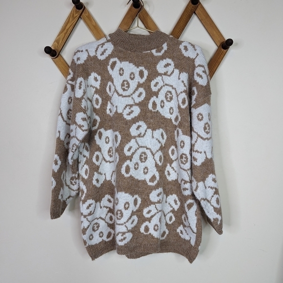 Vintage 80s Needle and Yard Teddy Bear Oversized Knit Mock Neck Sweater - Picture 1 of 7